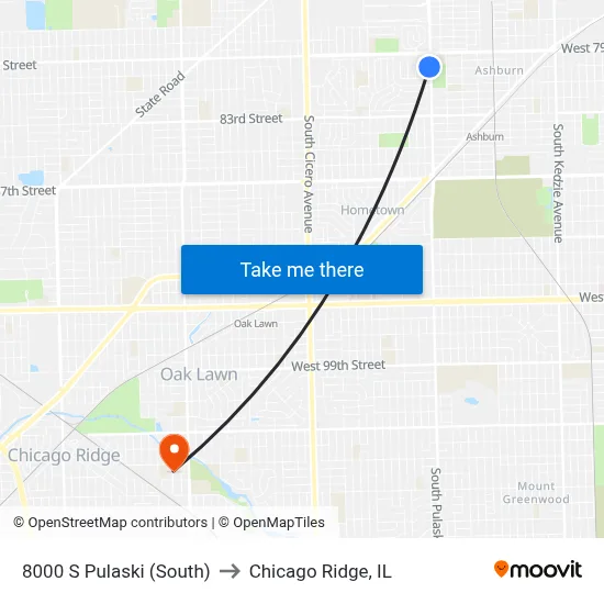 8000 S Pulaski (South) to Chicago Ridge, IL map