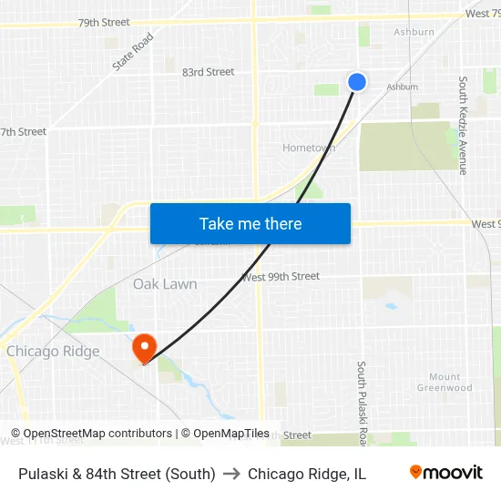 Pulaski & 84th Street (South) to Chicago Ridge, IL map