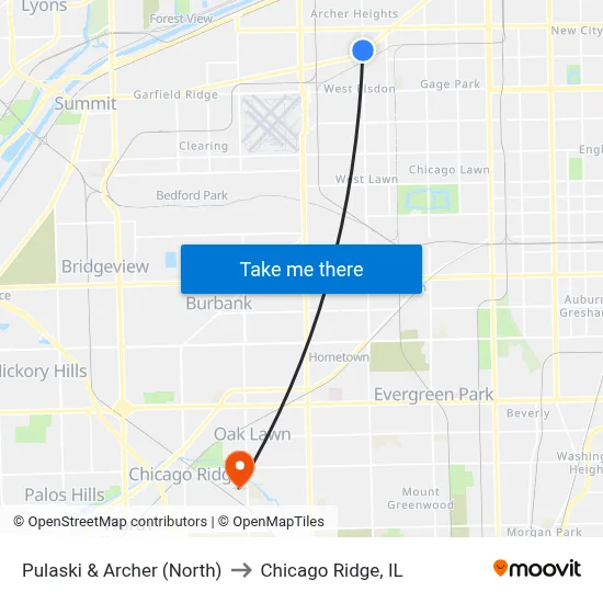 Pulaski & Archer (North) to Chicago Ridge, IL map