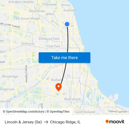 Lincoln & Jersey (Se) to Chicago Ridge, IL map