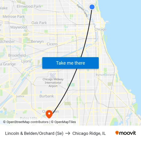 Lincoln & Belden/Orchard (Se) to Chicago Ridge, IL map