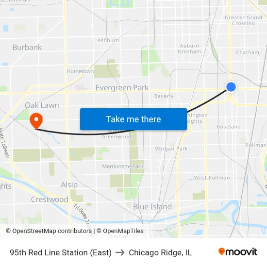 95th Red Line Station (East) to Chicago Ridge, IL map