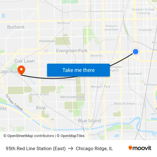 95th Red Line Station (East) to Chicago Ridge, IL map