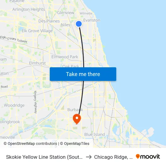 Skokie Yellow Line Station (South) to Chicago Ridge, IL map