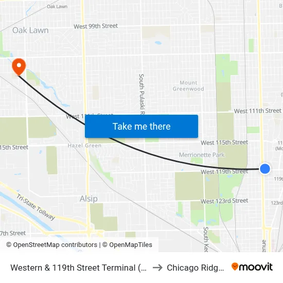 Western & 119th Street Terminal (West) to Chicago Ridge, IL map
