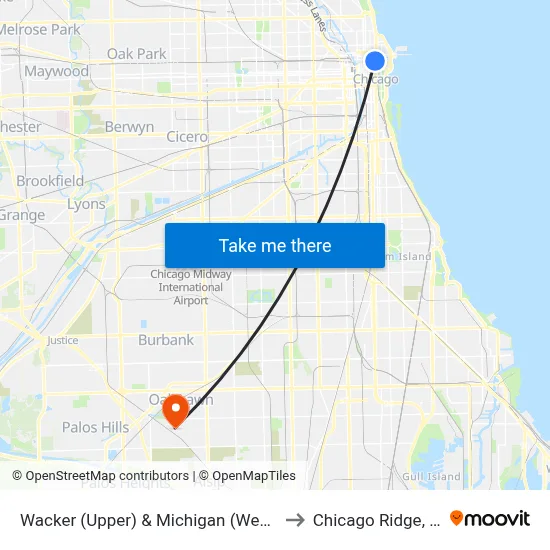 Wacker (Upper) & Michigan (West) to Chicago Ridge, IL map