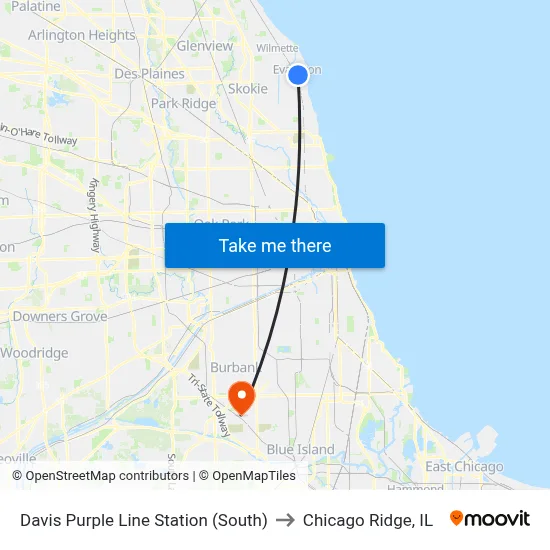 Davis Purple Line Station (South) to Chicago Ridge, IL map