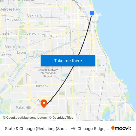 State & Chicago (Red Line) (South) to Chicago Ridge, IL map