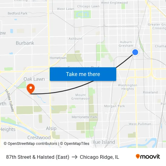 87th Street & Halsted (East) to Chicago Ridge, IL map