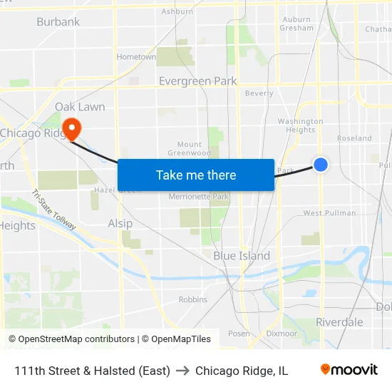 111th Street & Halsted (East) to Chicago Ridge, IL map
