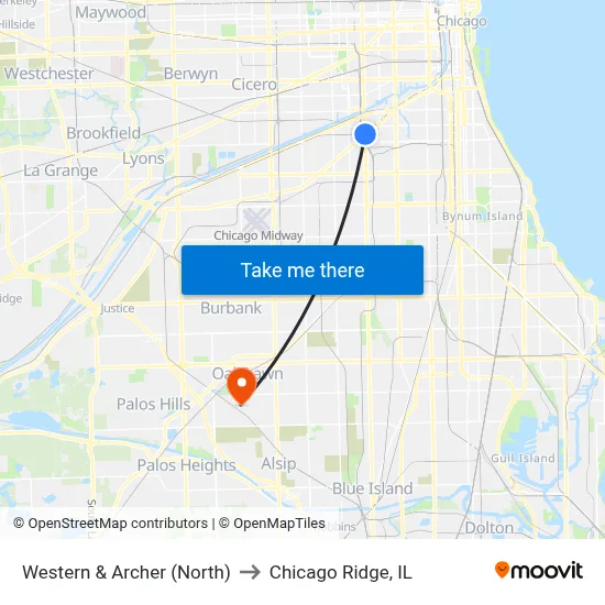 Western & Archer (North) to Chicago Ridge, IL map