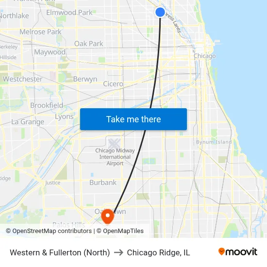 Western & Fullerton (North) to Chicago Ridge, IL map