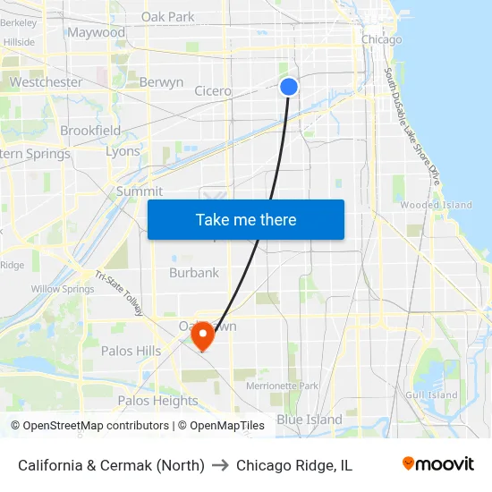 California & Cermak (North) to Chicago Ridge, IL map