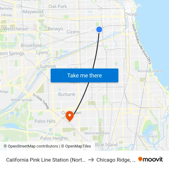 California Pink Line Station (North) to Chicago Ridge, IL map