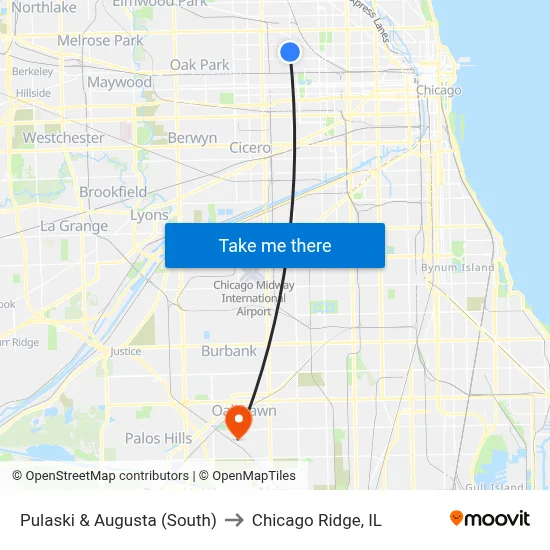Pulaski & Augusta (South) to Chicago Ridge, IL map