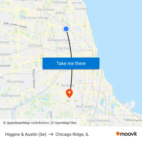 Higgins & Austin (Se) to Chicago Ridge, IL map