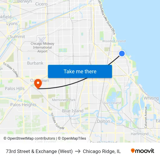 73rd Street & Exchange (West) to Chicago Ridge, IL map