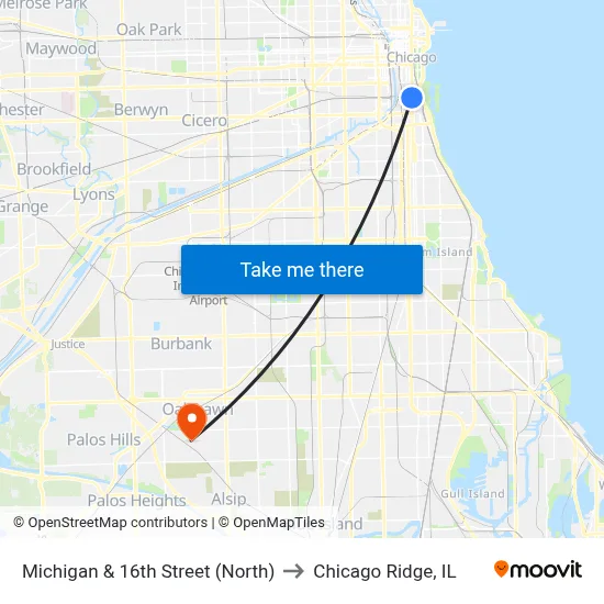 Michigan & 16th Street (North) to Chicago Ridge, IL map