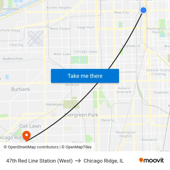 47th Red Line Station (West) to Chicago Ridge, IL map