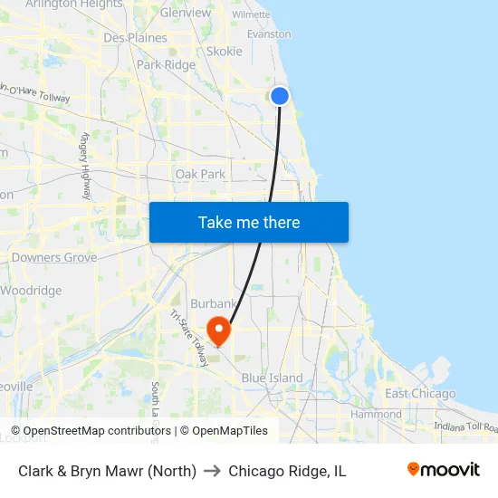 Clark & Bryn Mawr (North) to Chicago Ridge, IL map