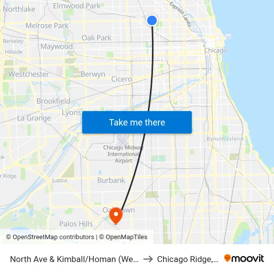 North Ave & Kimball/Homan (West) to Chicago Ridge, IL map