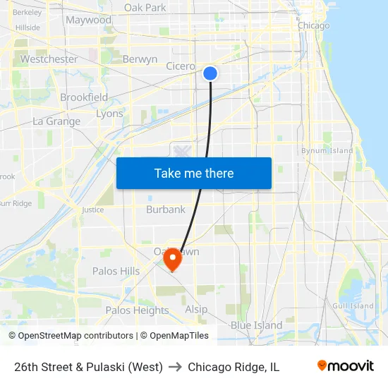 26th Street & Pulaski (West) to Chicago Ridge, IL map