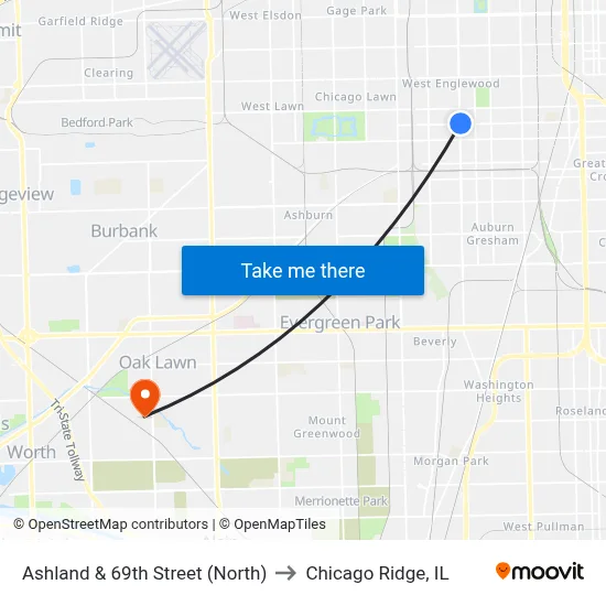 Ashland & 69th Street (North) to Chicago Ridge, IL map