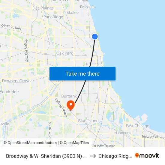 Broadway & W. Sheridan (3900 N) (South) to Chicago Ridge, IL map