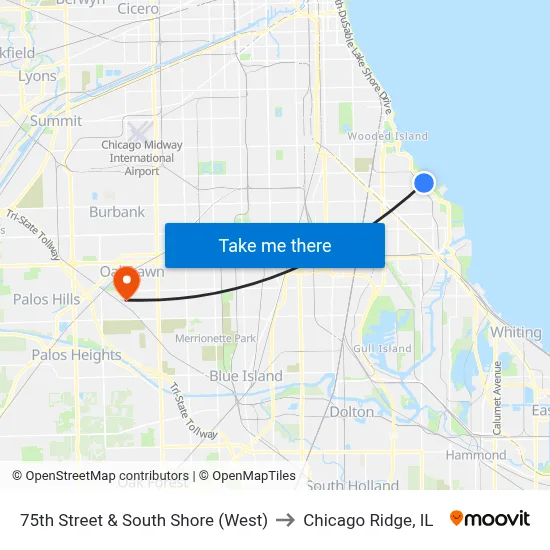 75th Street & South Shore (West) to Chicago Ridge, IL map