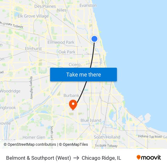 Belmont & Southport (West) to Chicago Ridge, IL map