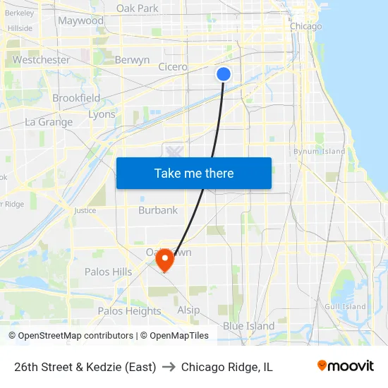 26th Street & Kedzie (East) to Chicago Ridge, IL map