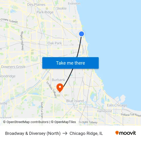 Broadway & Diversey (North) to Chicago Ridge, IL map