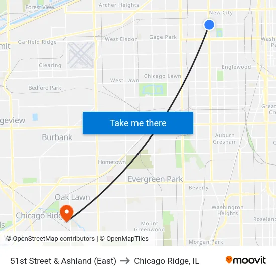 51st Street & Ashland (East) to Chicago Ridge, IL map