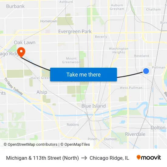 Michigan & 113th Street (North) to Chicago Ridge, IL map