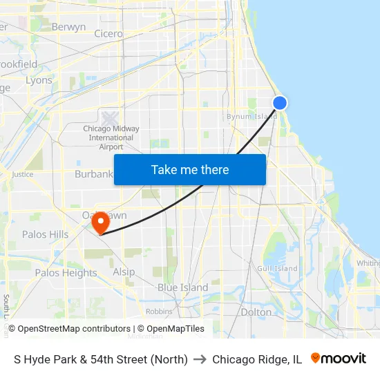 S Hyde Park & 54th Street (North) to Chicago Ridge, IL map