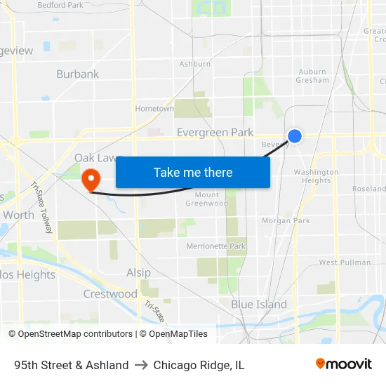 95th Street & Ashland to Chicago Ridge, IL map