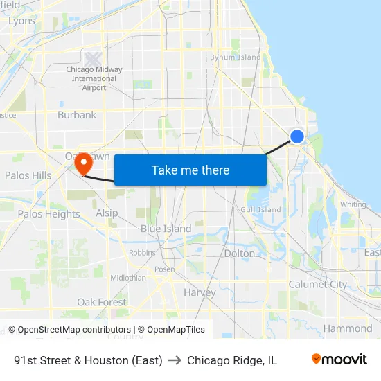 91st Street & Houston (East) to Chicago Ridge, IL map