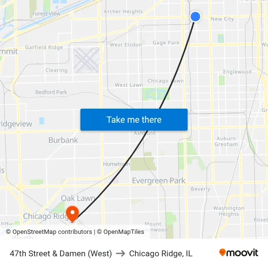 47th Street & Damen (West) to Chicago Ridge, IL map