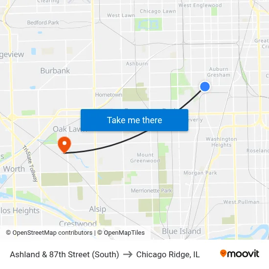 Ashland & 87th Street (South) to Chicago Ridge, IL map