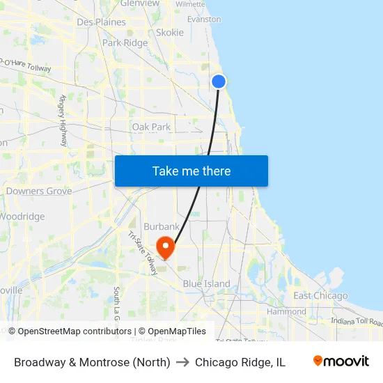 Broadway & Montrose (North) to Chicago Ridge, IL map