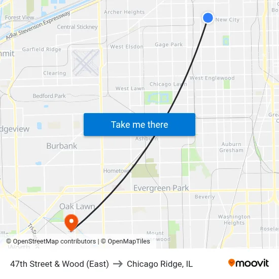 47th Street & Wood (East) to Chicago Ridge, IL map