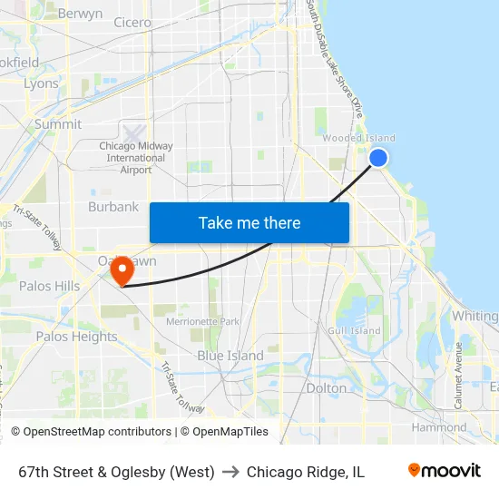 67th Street & Oglesby (West) to Chicago Ridge, IL map