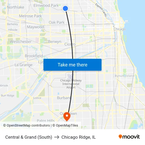 Central & Grand (South) to Chicago Ridge, IL map