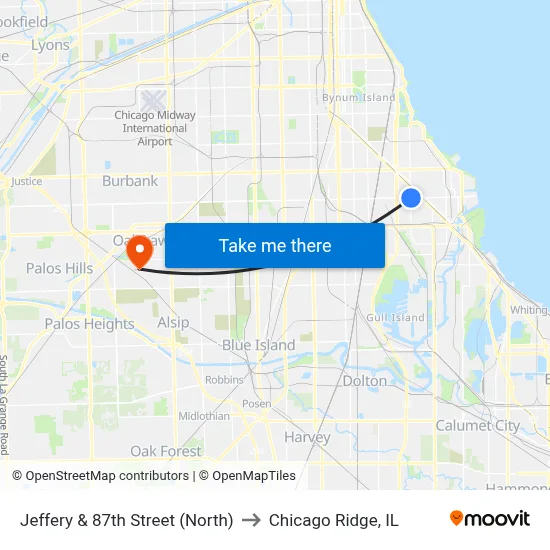 Jeffery & 87th Street (North) to Chicago Ridge, IL map