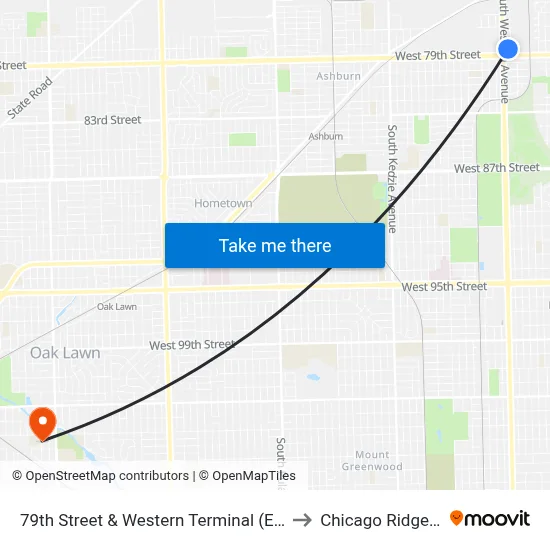 79th Street & Western Terminal (East) to Chicago Ridge, IL map
