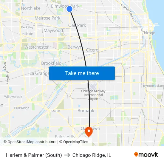 Harlem & Palmer (South) to Chicago Ridge, IL map