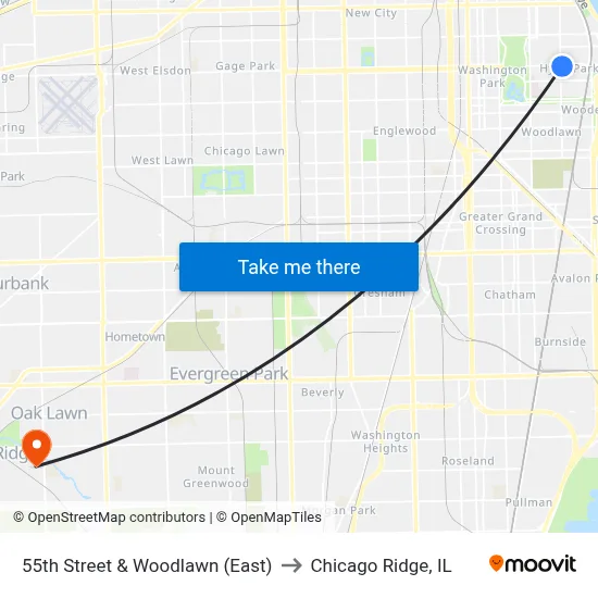 55th Street & Woodlawn (East) to Chicago Ridge, IL map