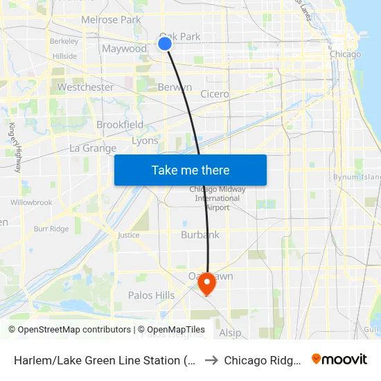 Harlem/Lake Green Line Station (West) to Chicago Ridge, IL map