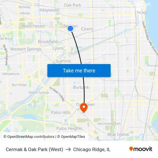 Cermak & Oak Park (West) to Chicago Ridge, IL map