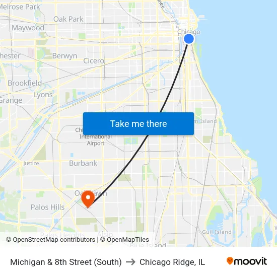 Michigan & 8th Street (South) to Chicago Ridge, IL map